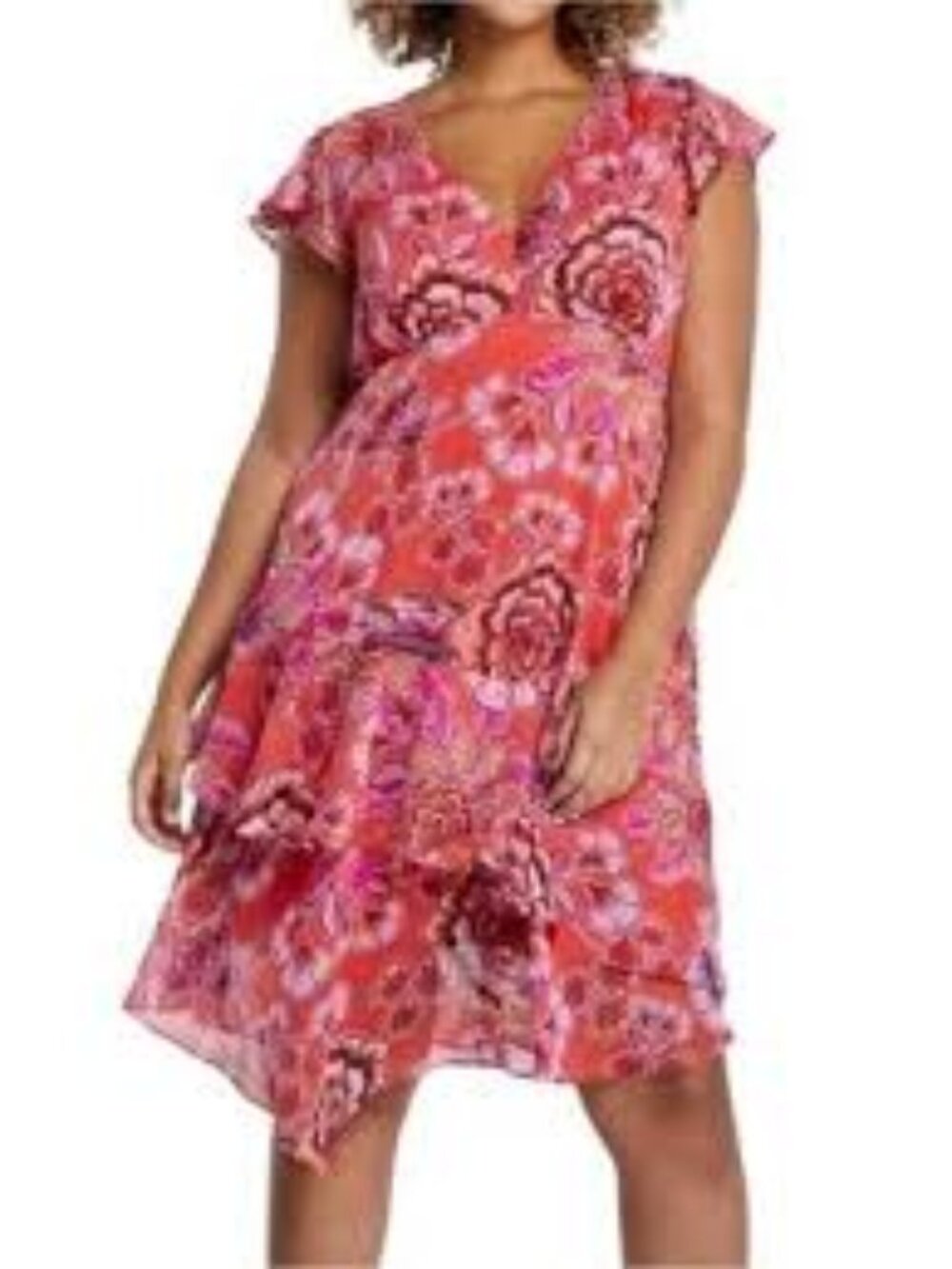 Estelle Morris Red Floral Midi Dress with V-Neck and Ruffle Detail Size 2X 18W